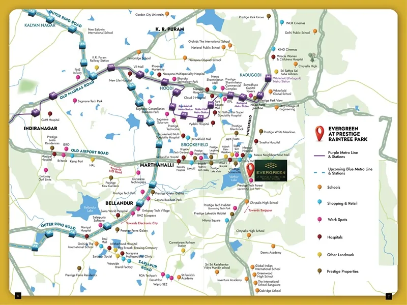 Connectivity map showing Evergreen at Prestige Raintree Park in Varthur, with metro lines, schools, hospitals and workspaces nearby